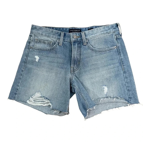 Lucky Brand Boyfriend Short Medium Wash Raw Hem Distressed Denim Size 2/26 GUC - Picture 1 of 7